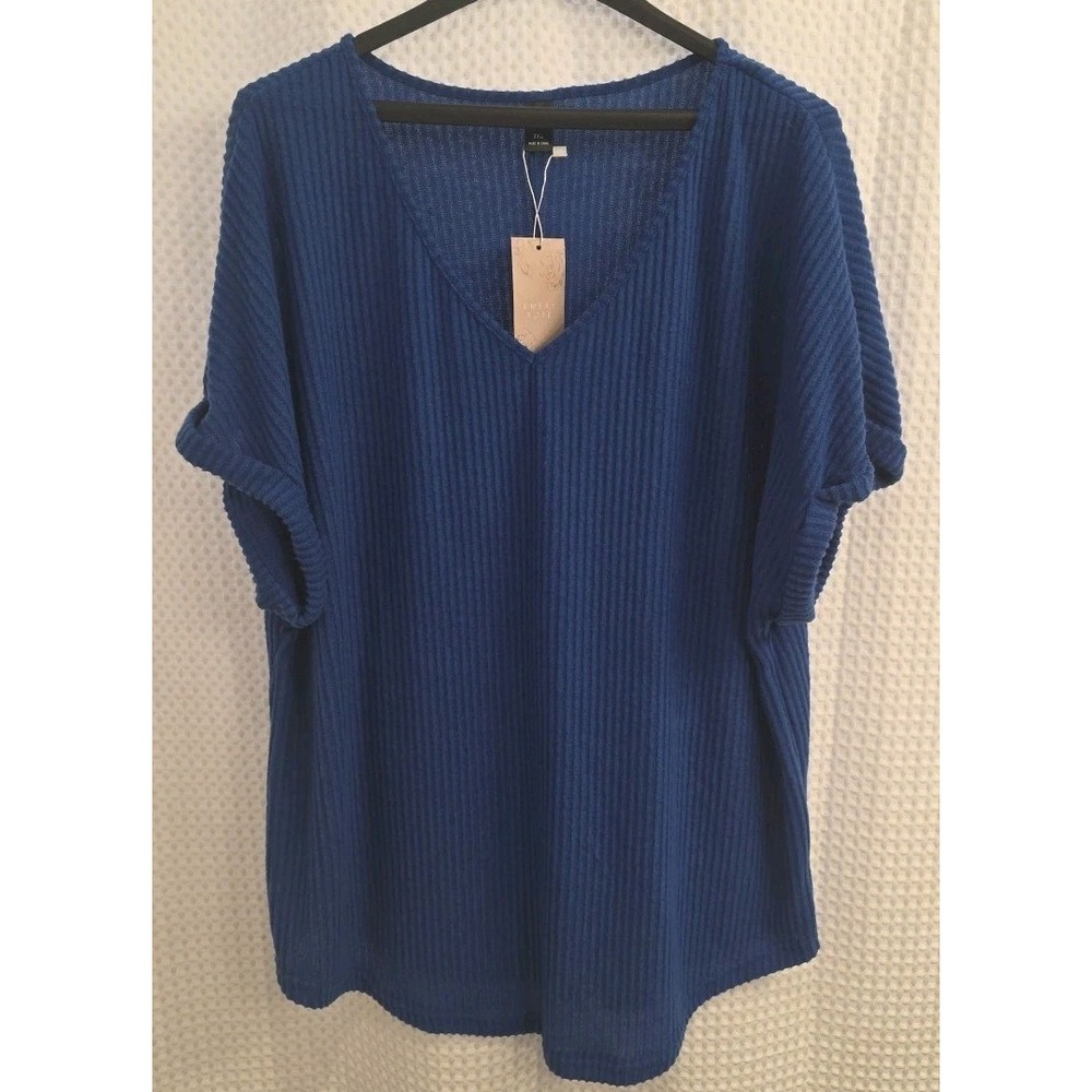 NEW Emery Rose V-neck ribbed short Sleeves Super Soft Sweater 3X Blue